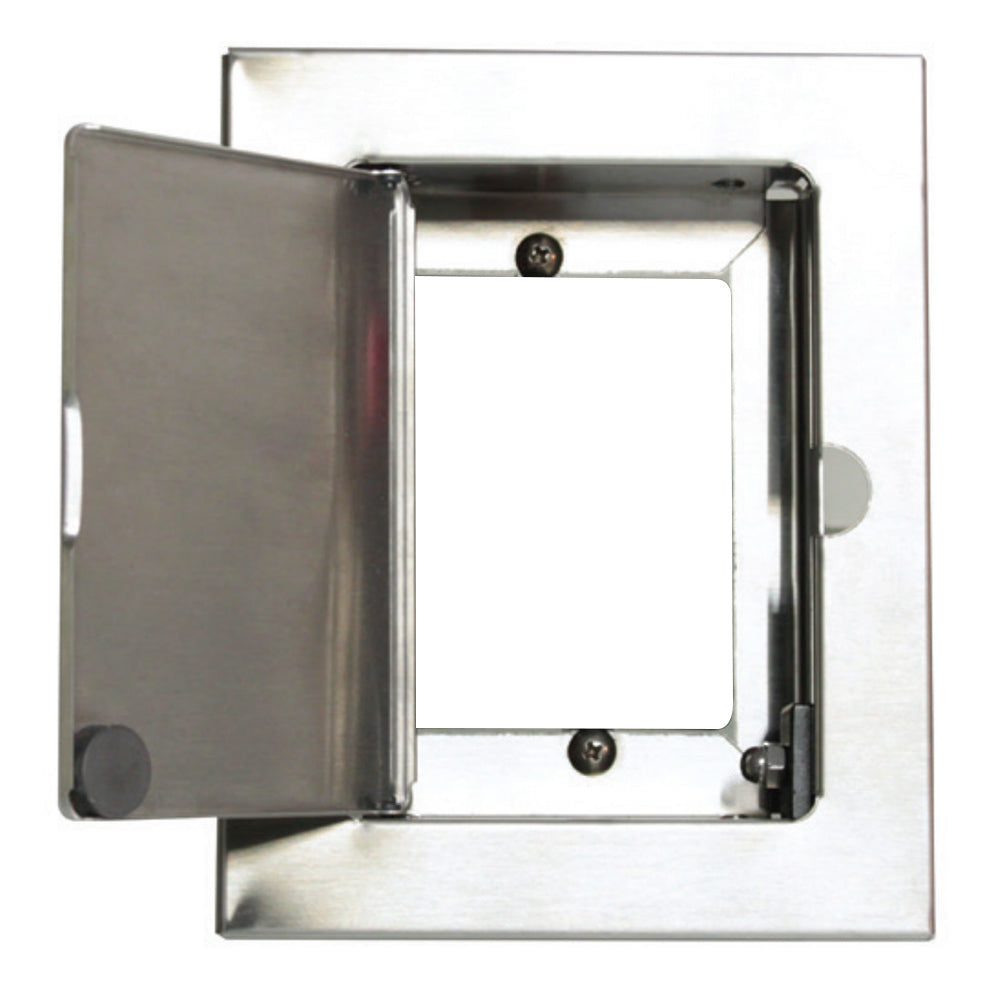 Stainless steel emergency stop gas timer compartment with open hinged door