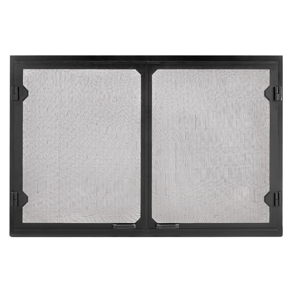 Black cabinet mesh doors with two open-frame panels and metal hinge hardware