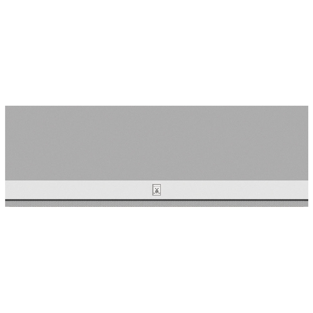 Outdoor ventilation hood in light gray with front vent strip and center emblem.