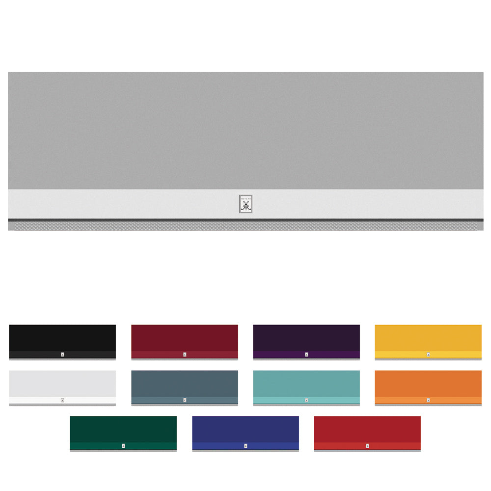 Outdoor ventilation hood in light gray with front vent strip and center emblem.