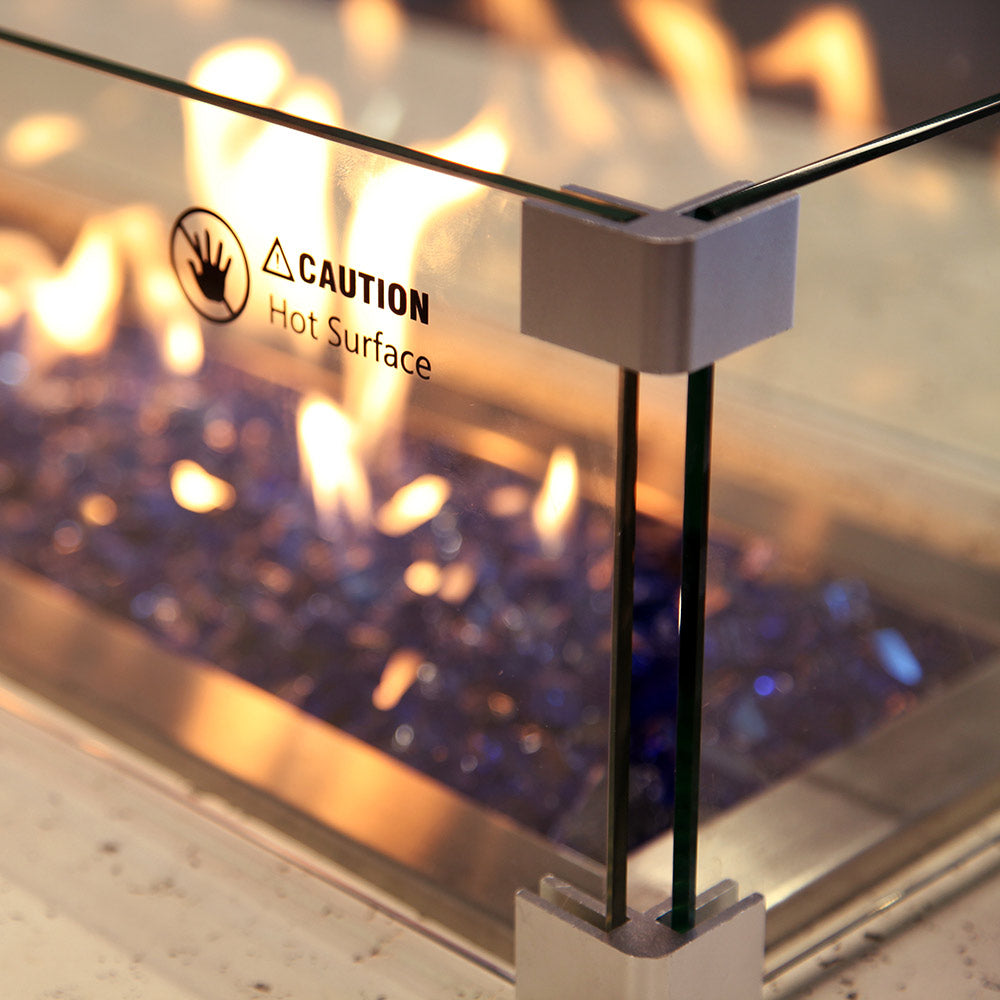 Rectangular glass wind guard corner post with caution hot surface label