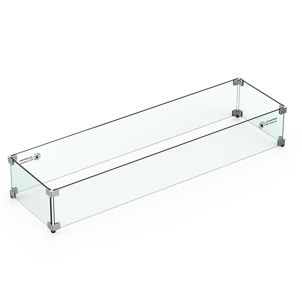 Rectangular glass wind guard with metal corner feet and clear glass panels