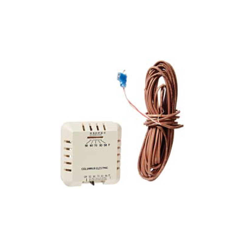 Wall-mount thermostatic switch kit with white control unit and brown wiring harness