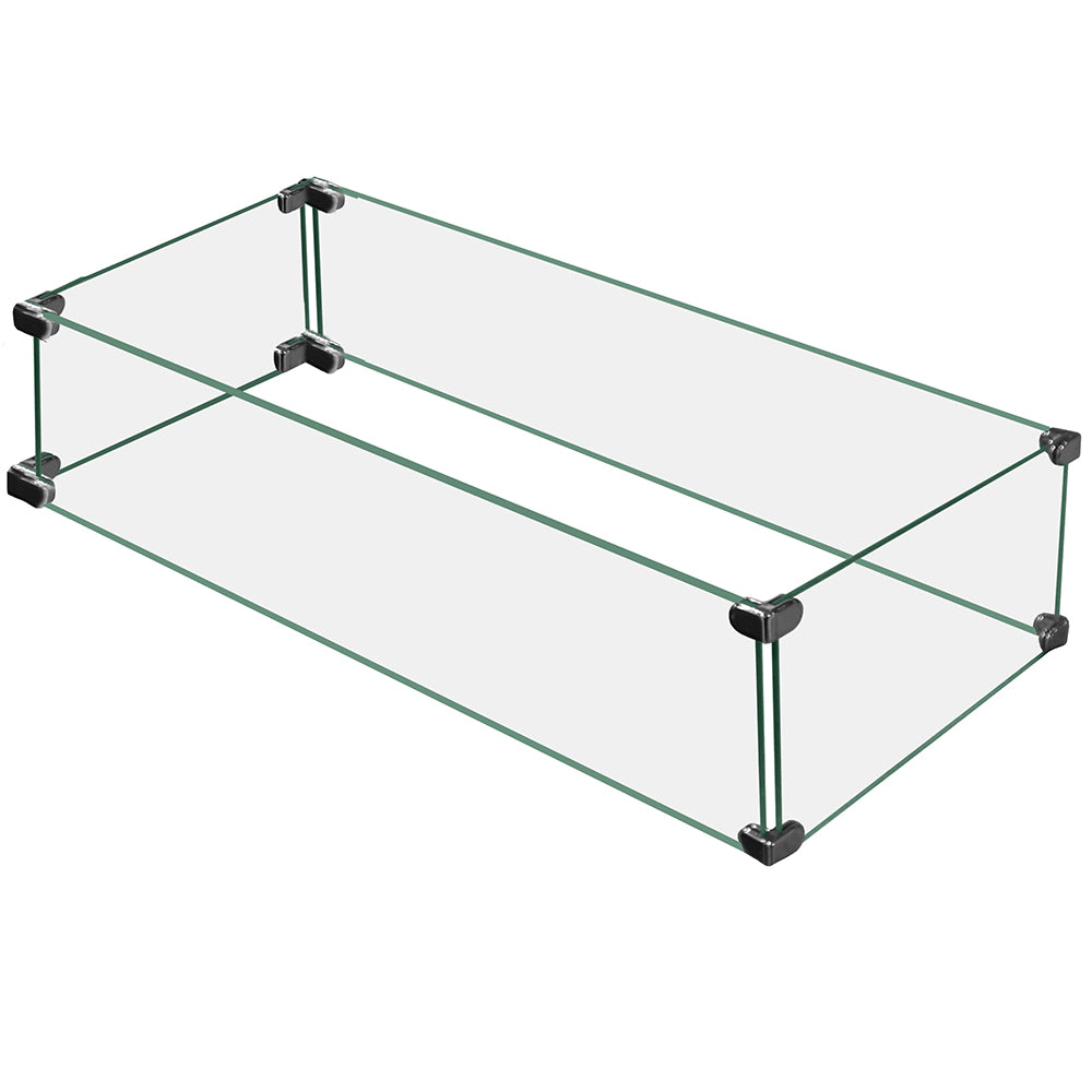 Linear tempered glass wind guard with clear panels and black metal frame, rectangular