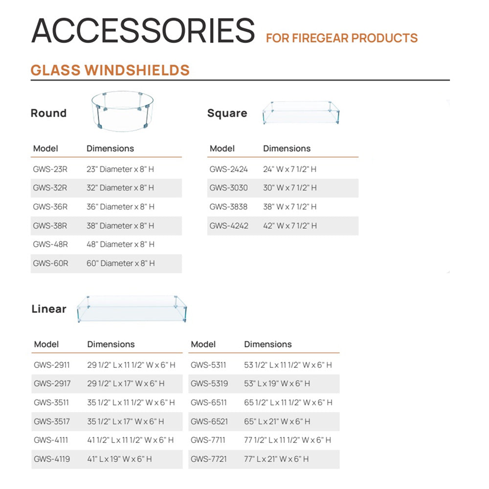 Catalog page for Firegear linear glass windshields, dimensions table and model list
