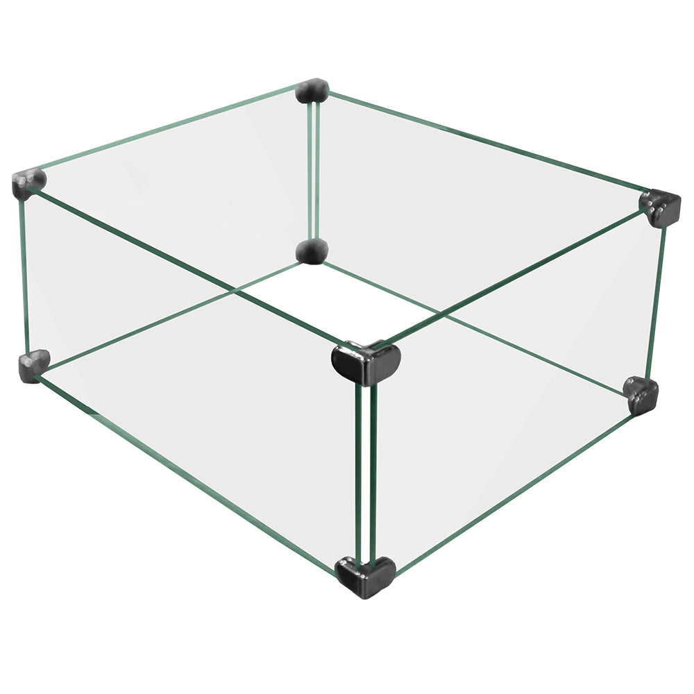 Firegear square tempered glass wind guard with black corner posts and metal frame