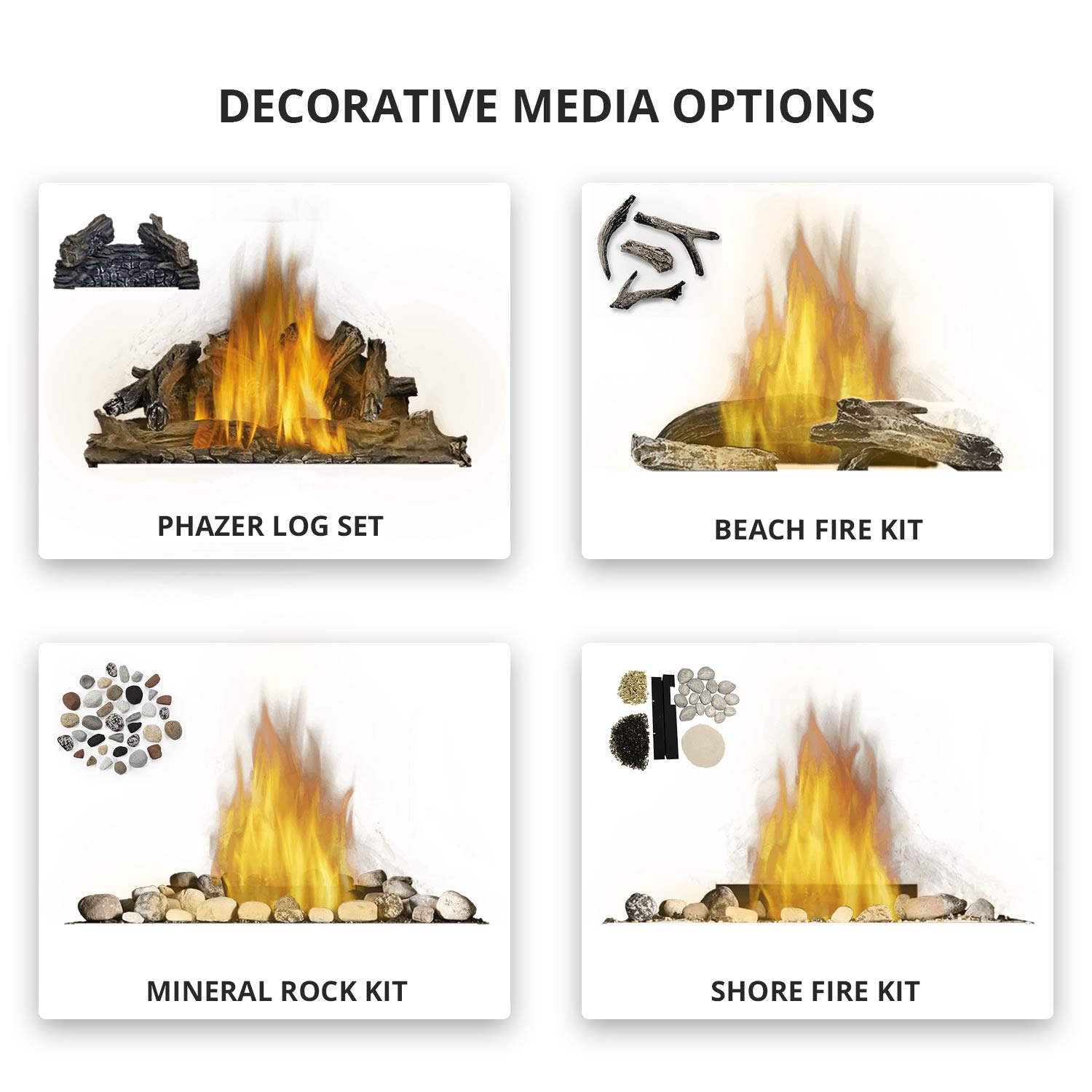 Gas fireplace media options card showing flame scenes with decorative log and rock kits