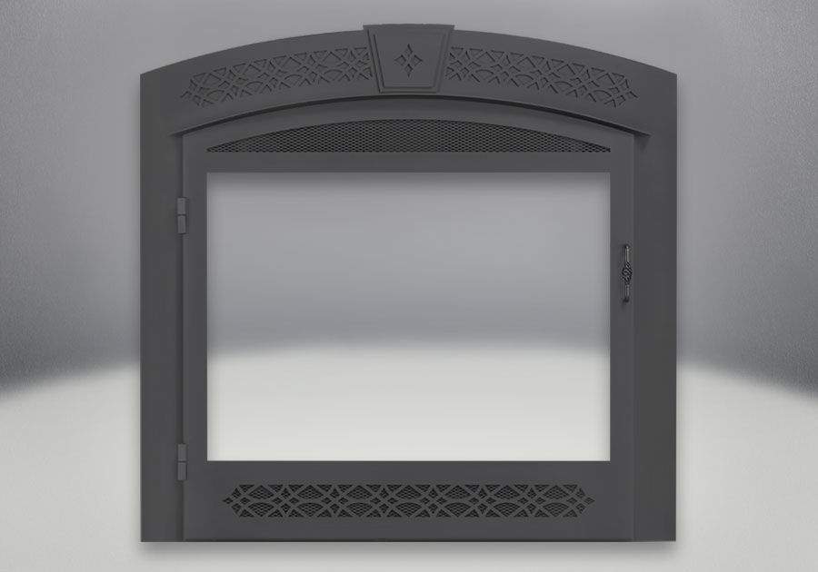 Decorative black fireplace faceplate with arched operable screen and mesh panels