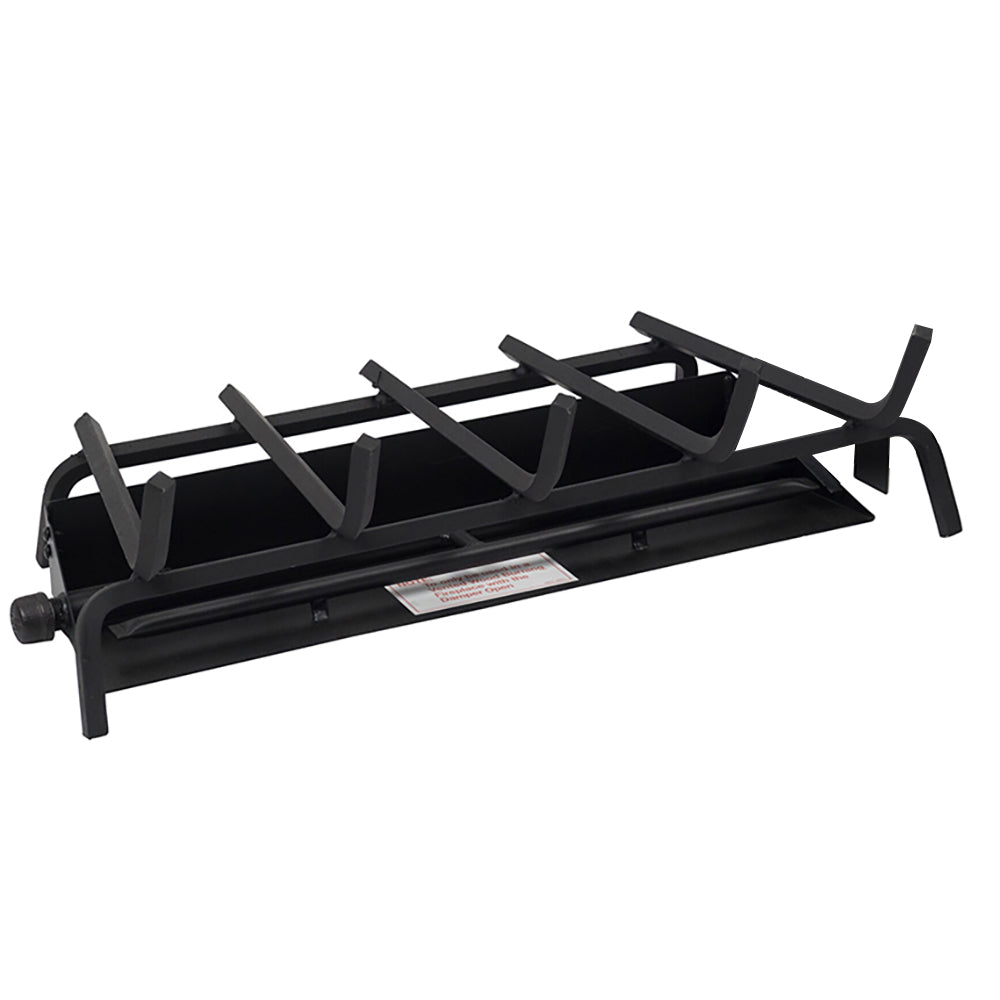 Vented fireplace burner with black metal grate and mounting legs