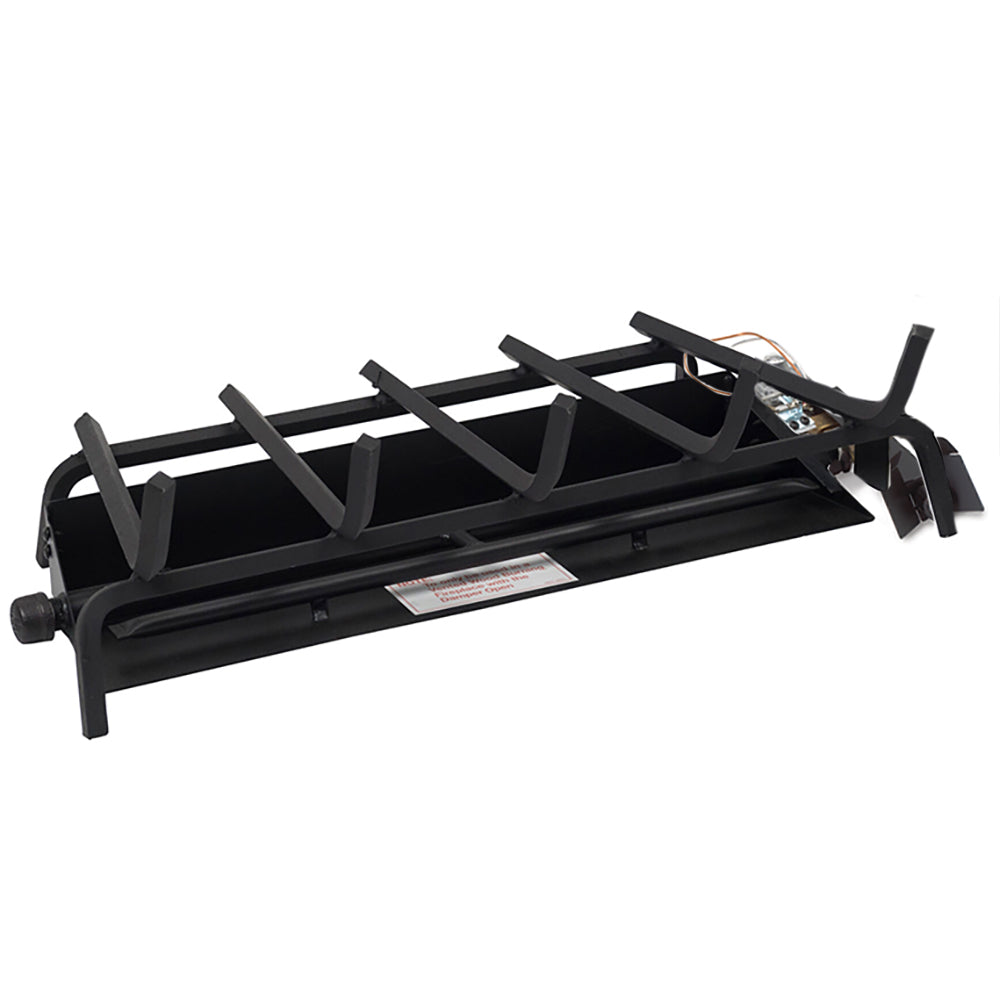 Vented fireplace burner assembly with black frame, vented grate, and mounting feet