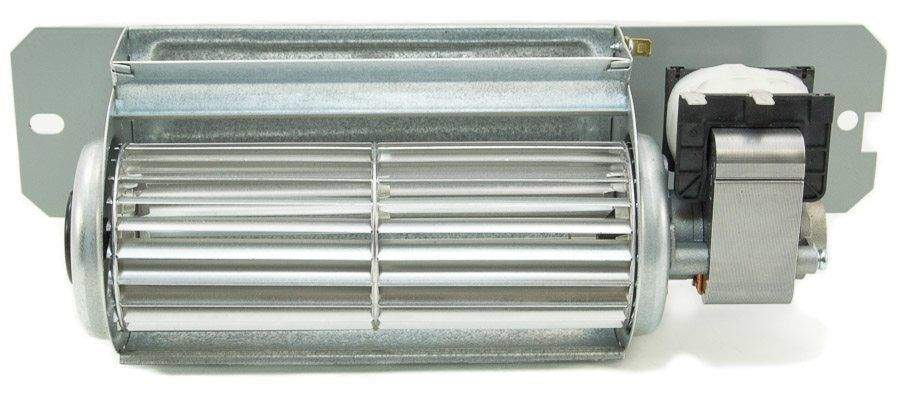 Blower kit with exposed cylindrical fan inside metal frame and mounting bracket