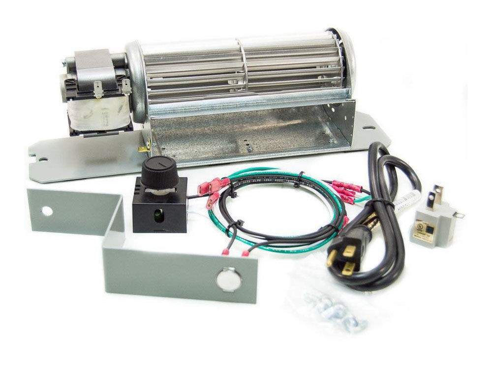 Blower kit with cylindrical fan, metal housing, control module, and wiring harness