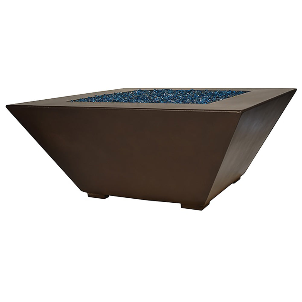 Square fire pit table with blue fire glass, dark brown finish