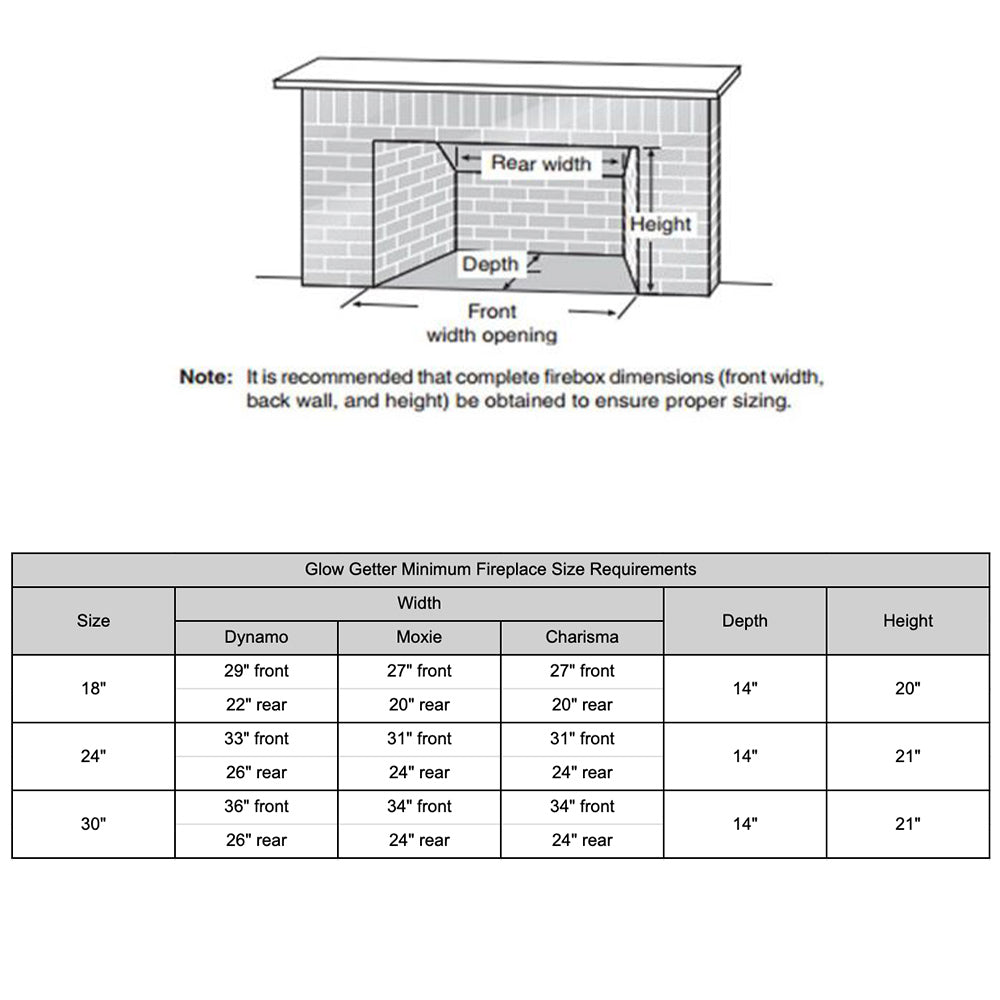 Vent-free gas log set installation diagram with opening size and dimensions chart