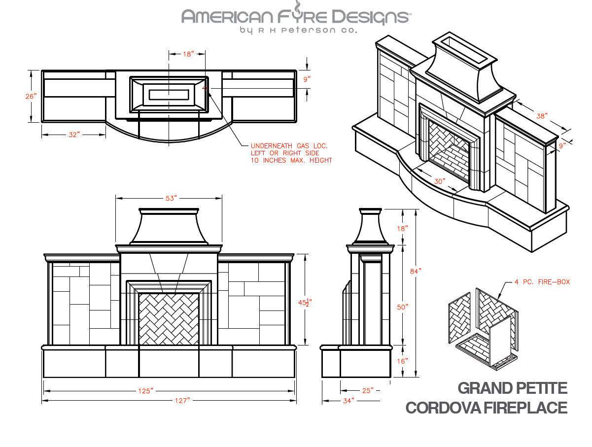 Technical drawing of an outdoor gas fireplace showing front and side dimensions