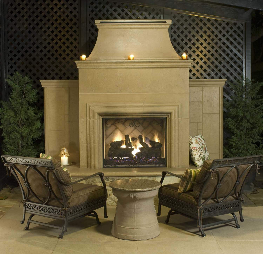 Fireplace chimney rain vent cap on top of fireplace surround, beige stone look