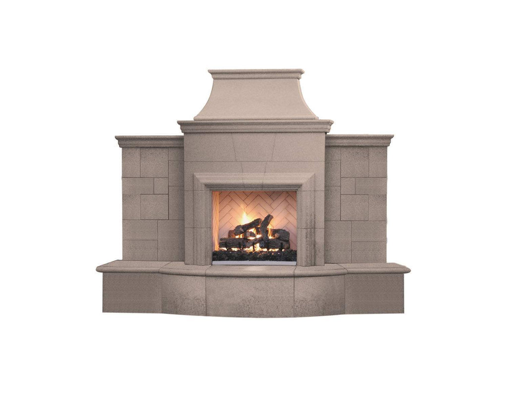 Outdoor gas fireplace with stone surround and arched mantel, glass firebox with flames