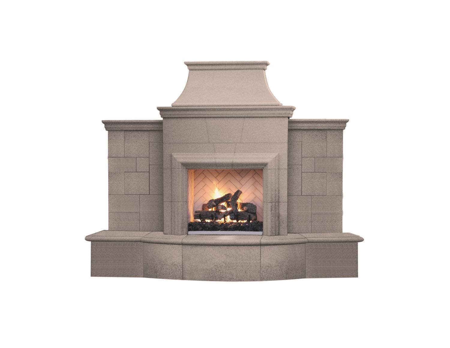 Outdoor gas fireplace with stone surround and arched mantel, glass firebox with flames