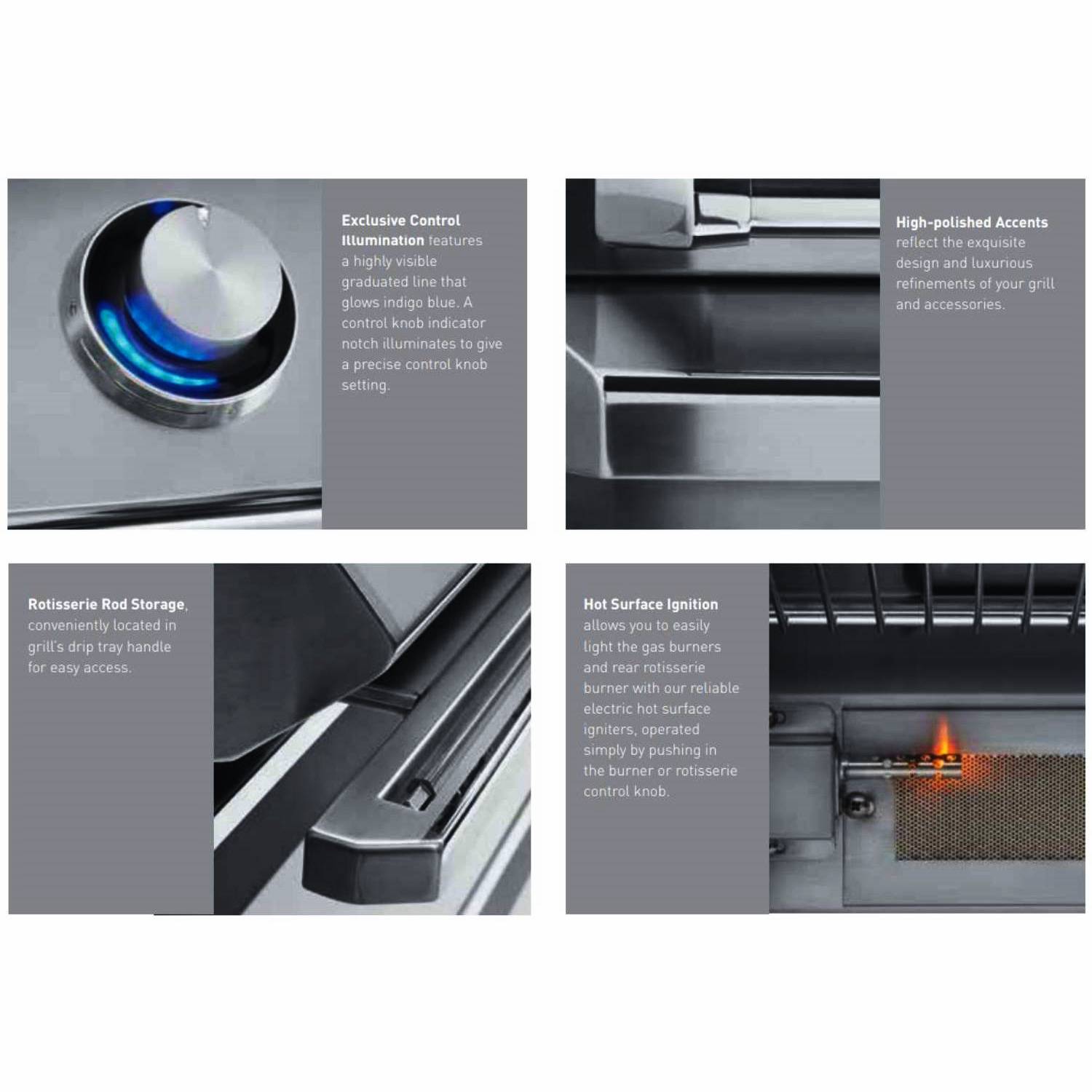 Gas grill feature close-ups: blue knob, ignition flame, and rotisserie storage area