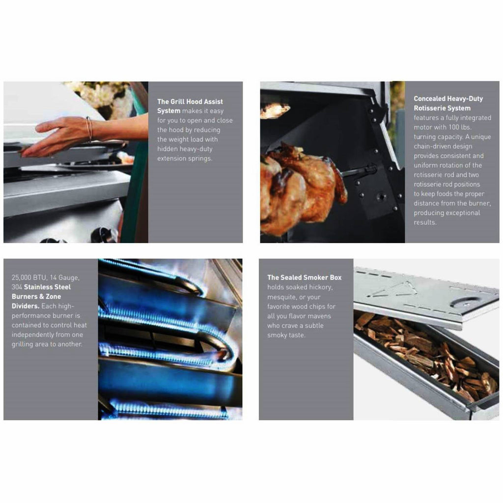 Built-in gas grill with open lid, roasting area, and smoker box detail