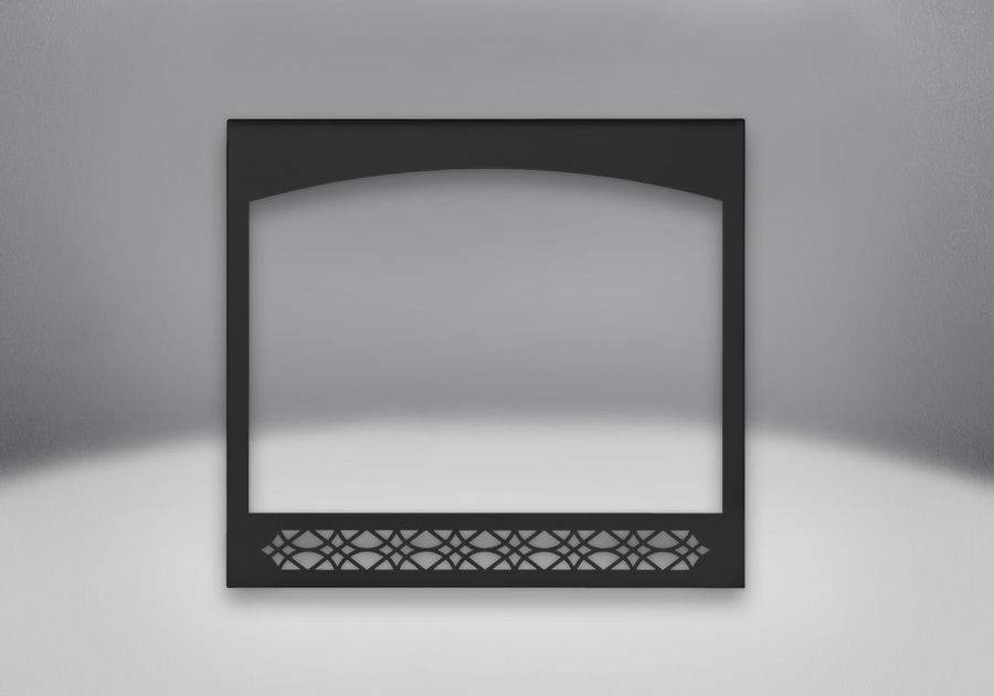 Black fireplace decorative front panel with arched opening and lattice bottom