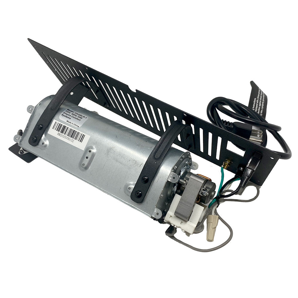 Blower fan assembly with black grille, gray motor housing, and wiring