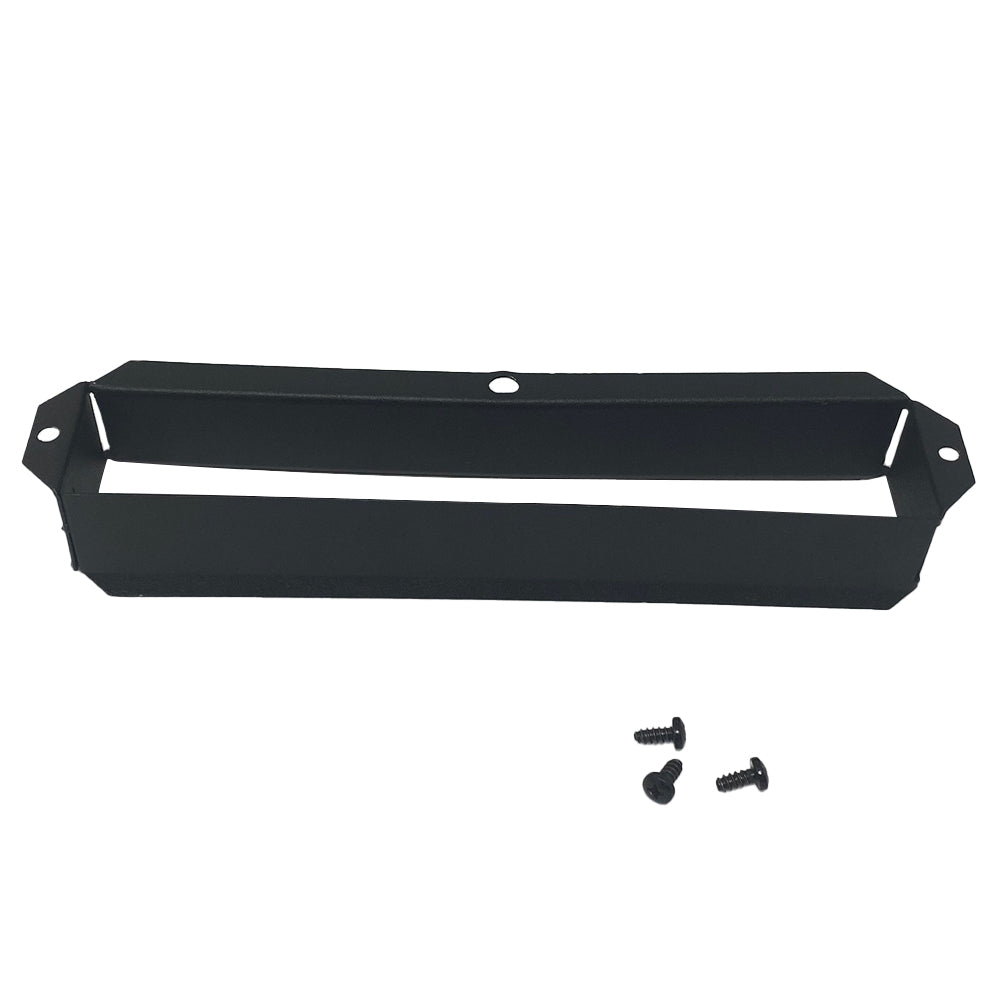 Black metal blower cover with mounting holes and two screws