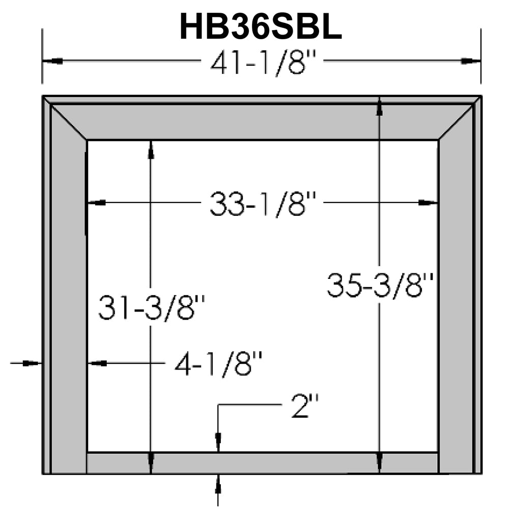 Black fireplace surround frame diagram showing inner opening dimensions and label HB36SBL