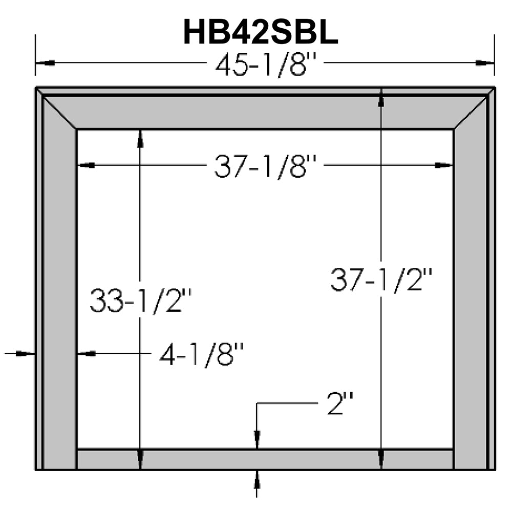Black fireplace surround frame showing inner opening measurements and dimensions