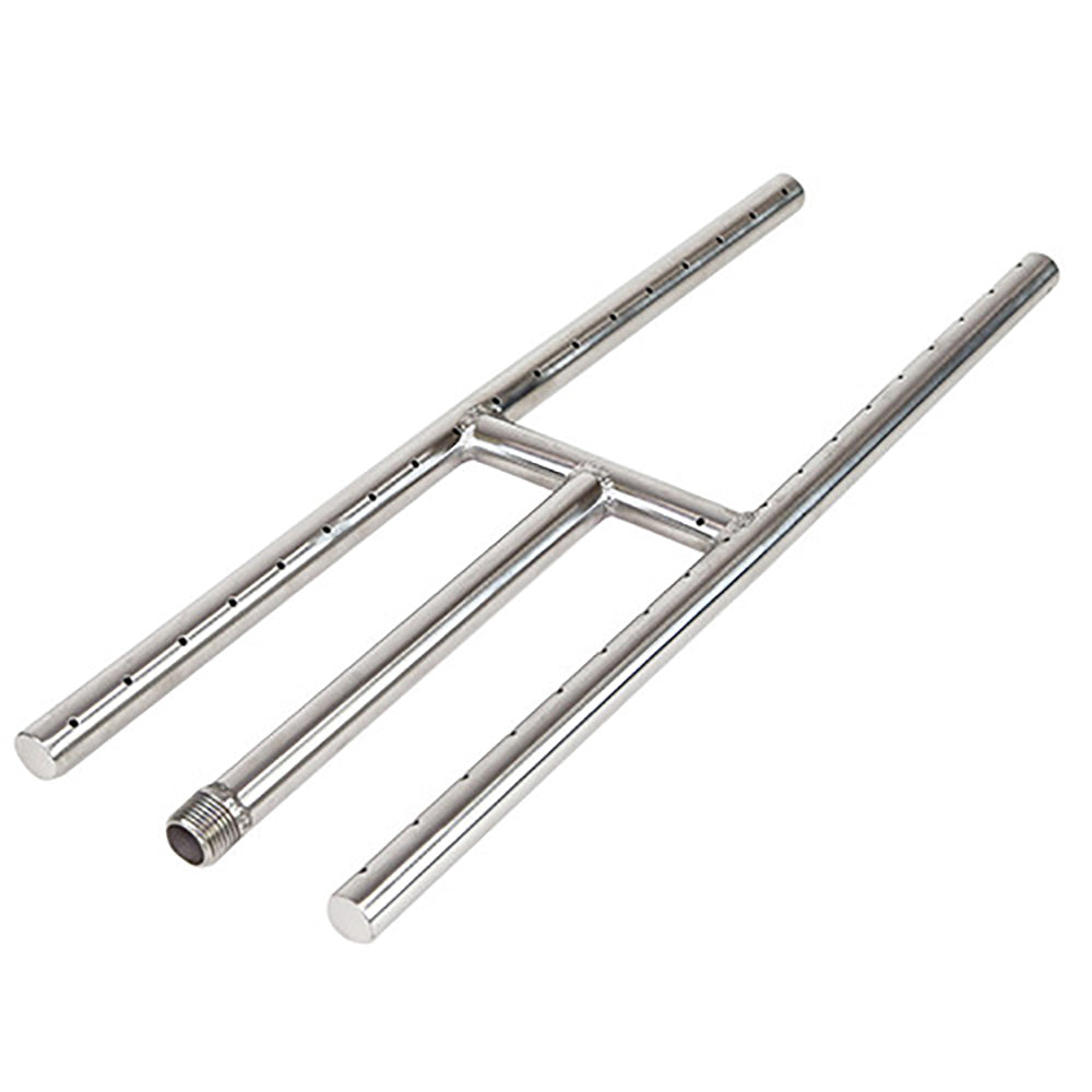 Stainless steel H-burner for gas fire pit with two parallel metal tubes and end fittings