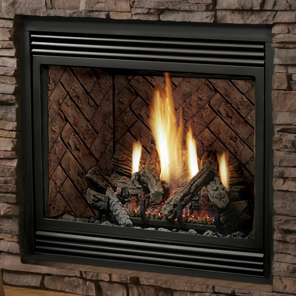 Black gas fireplace with vented louvers and glass front, burning log set and flames