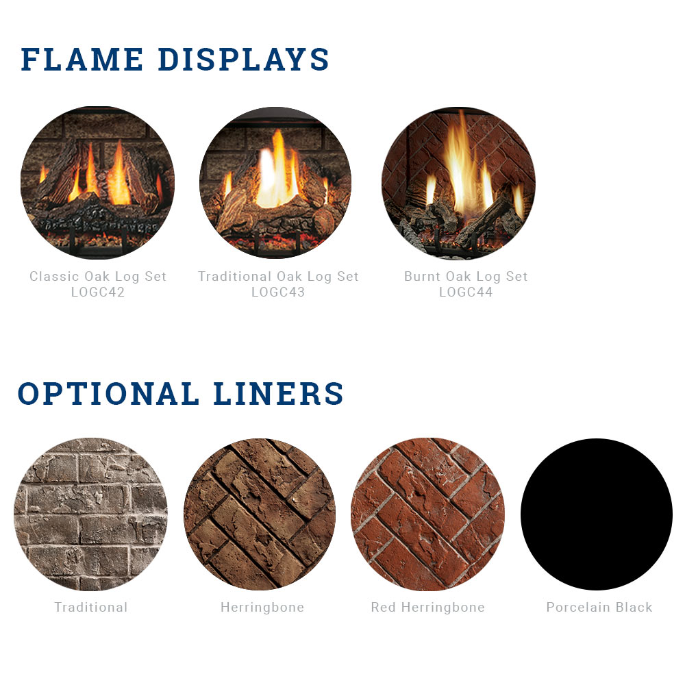 Gas fireplace brochure showing flame display circles and optional liner finish samples