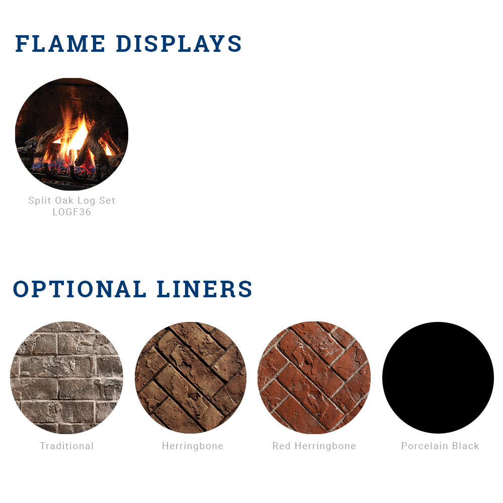 Flame displays and optional liners graphic with circular texture samples