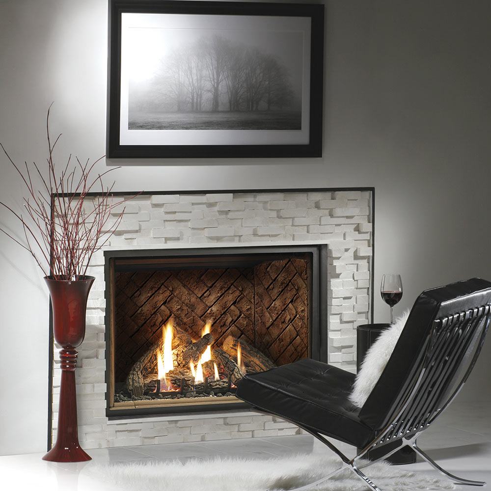 Direct vent gas fireplace with dark log set and orange flames in black firebox