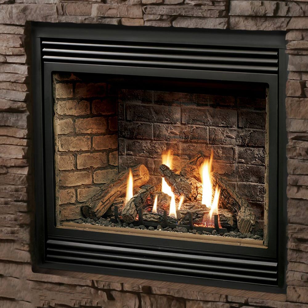 Black-framed direct vent gas fireplace with burning log set and stone-look back