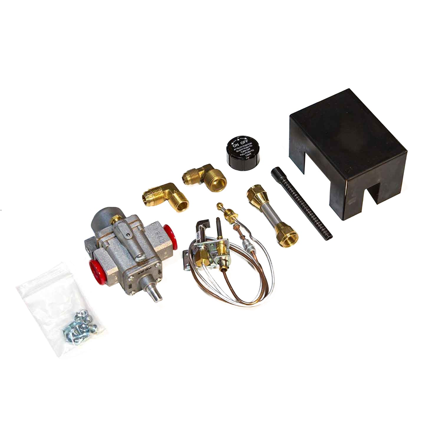Gas safety pilot kit with valve, fittings, ignition assembly, tubing, and mounting bracket