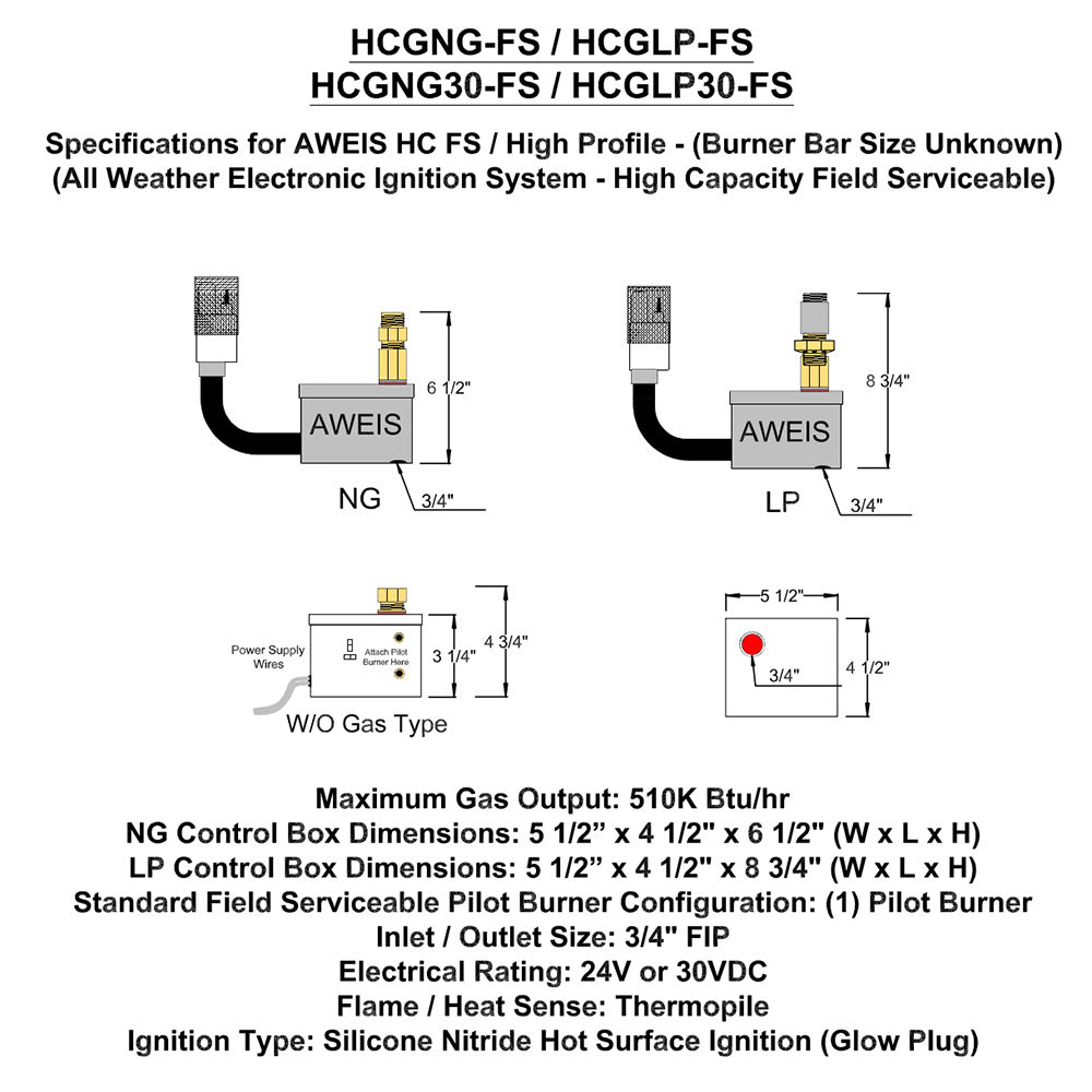 Electronic gas fire pit ignition system diagram with gas lines and control box dimensions