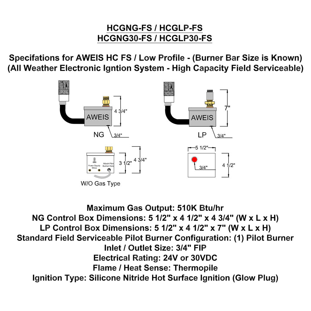 Low profile gas fire pit electronic ignition system schematic with gas lines and box dimensions
