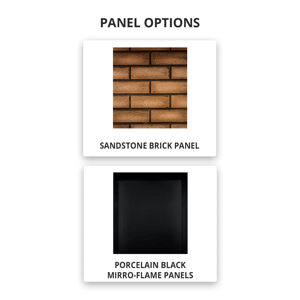 Gas fireplace panel options graphic showing sandstone brick panel and black porcelain panels