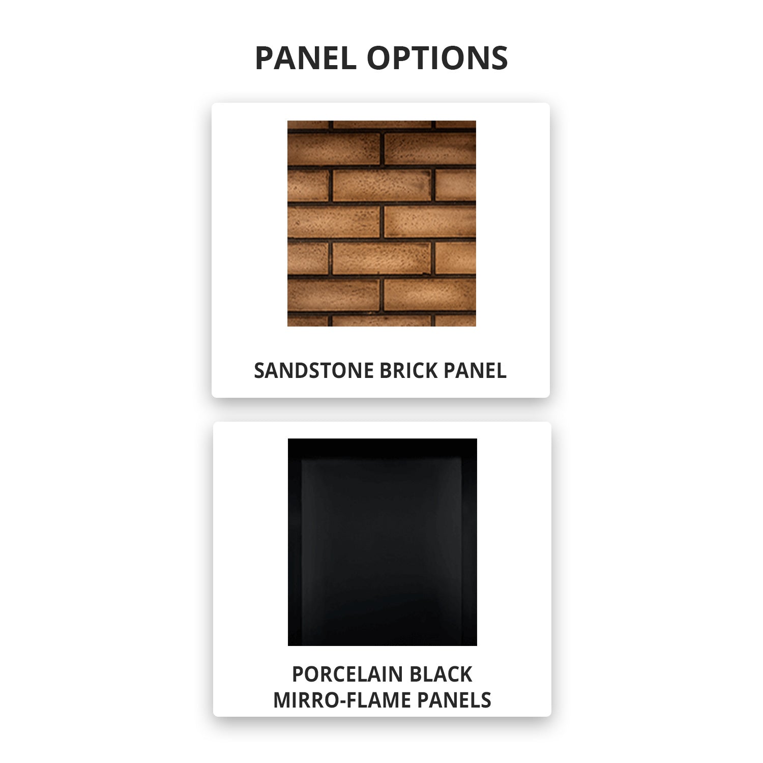 Gas fireplace panel options graphic showing sandstone brick panel and black porcelain panels