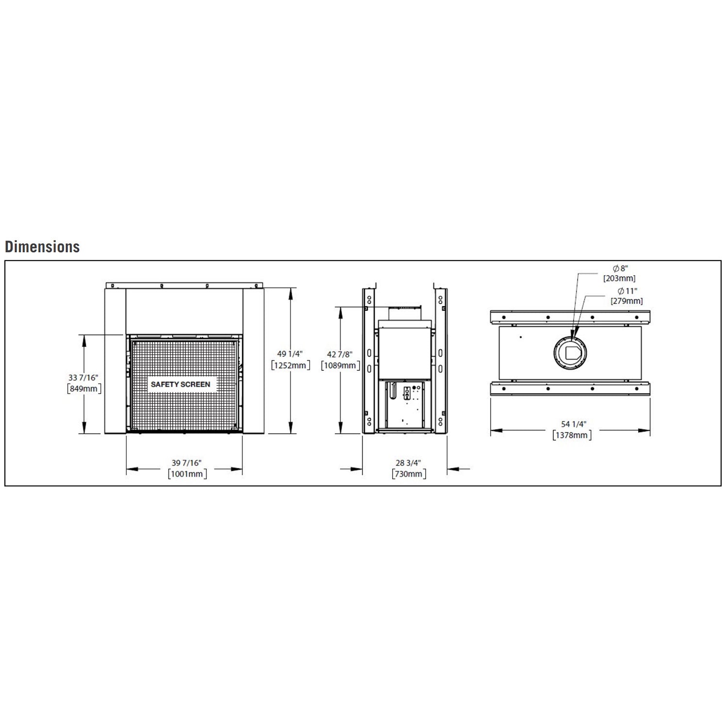 Gas fireplace dimensions line drawing with safety screen and front view measurements
