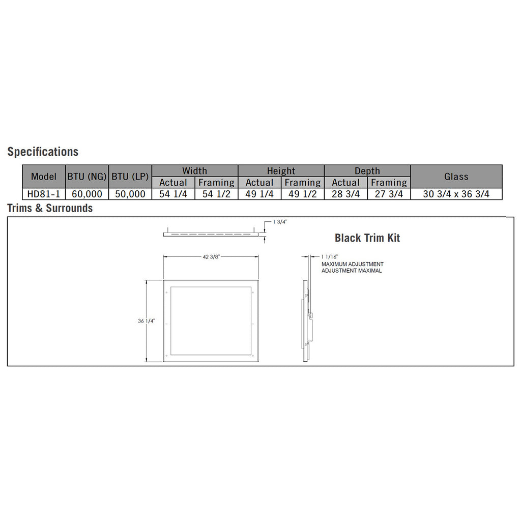 Gas fireplace specifications chart with width, height, depth, and glass measurements