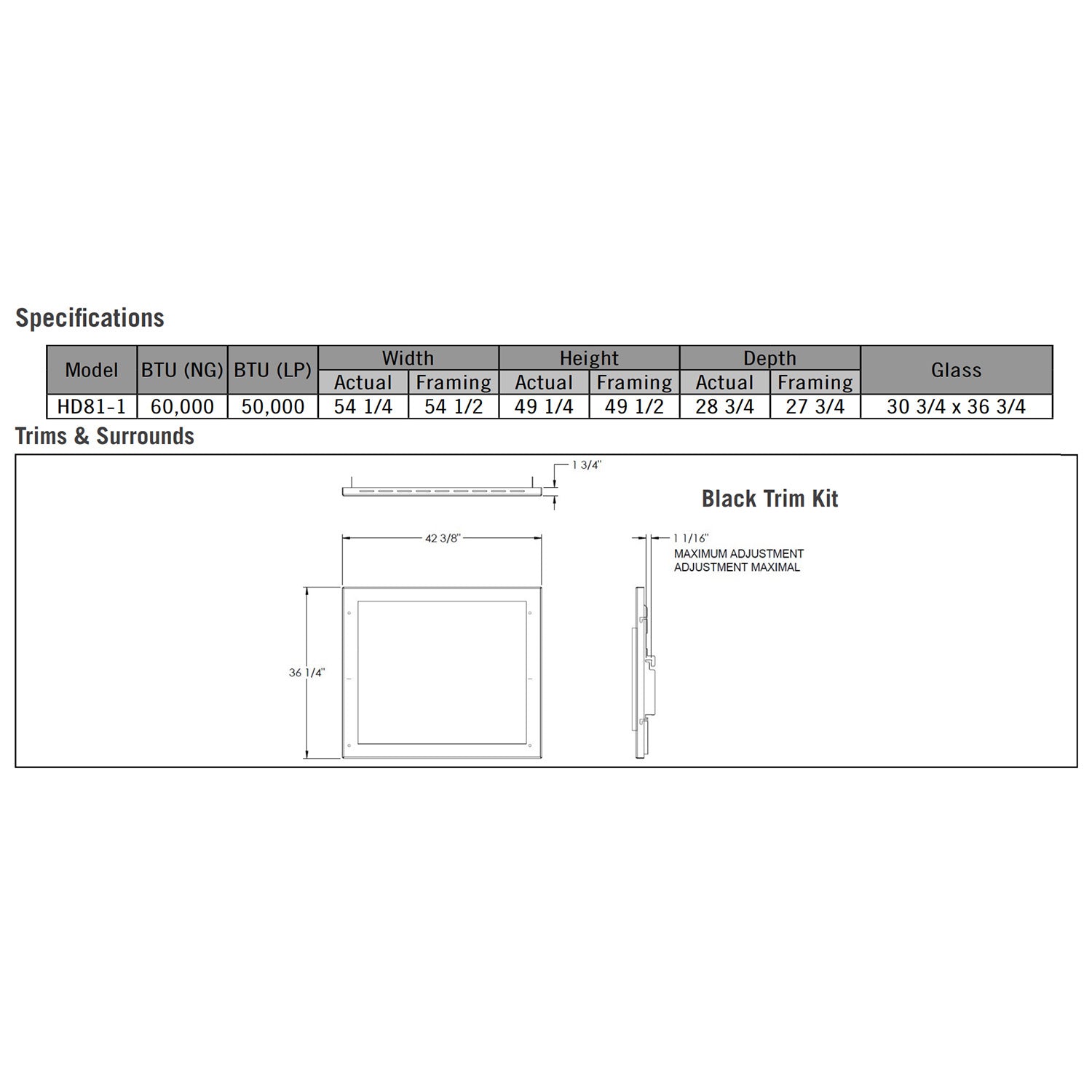 Gas fireplace specifications chart with width, height, depth, and glass measurements
