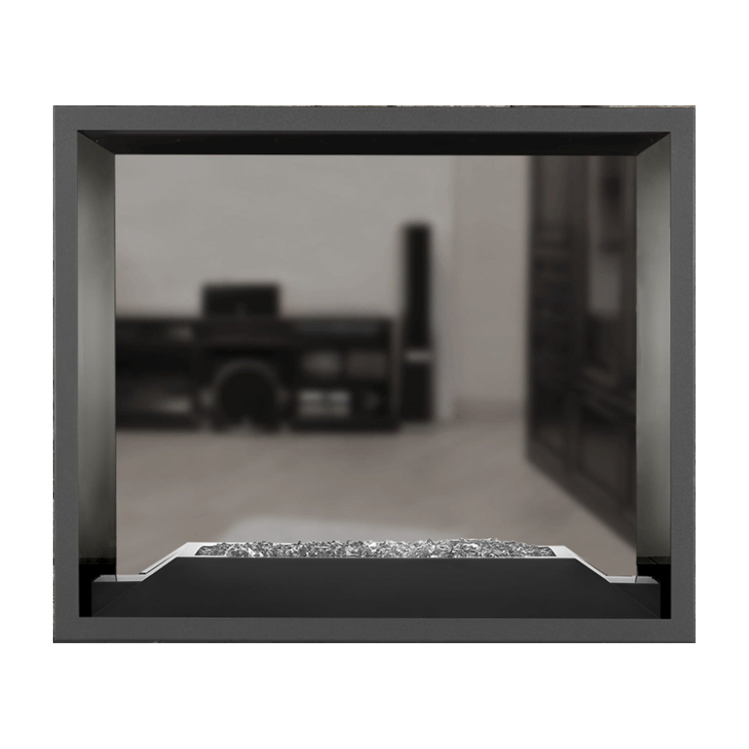 Double-sided gas fireplace insert with dark charcoal burner base and no visible flame