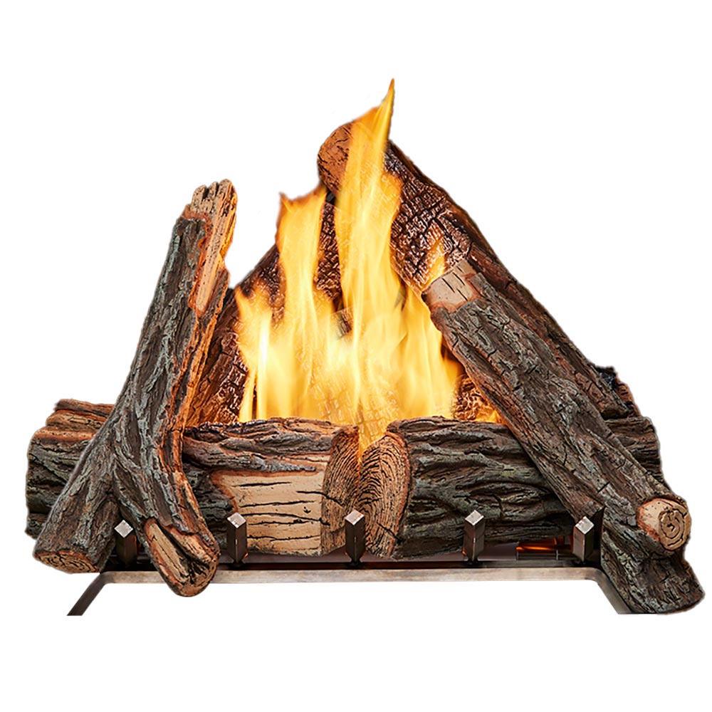 Burning gas fireplace log set with stacked split wood logs and flames