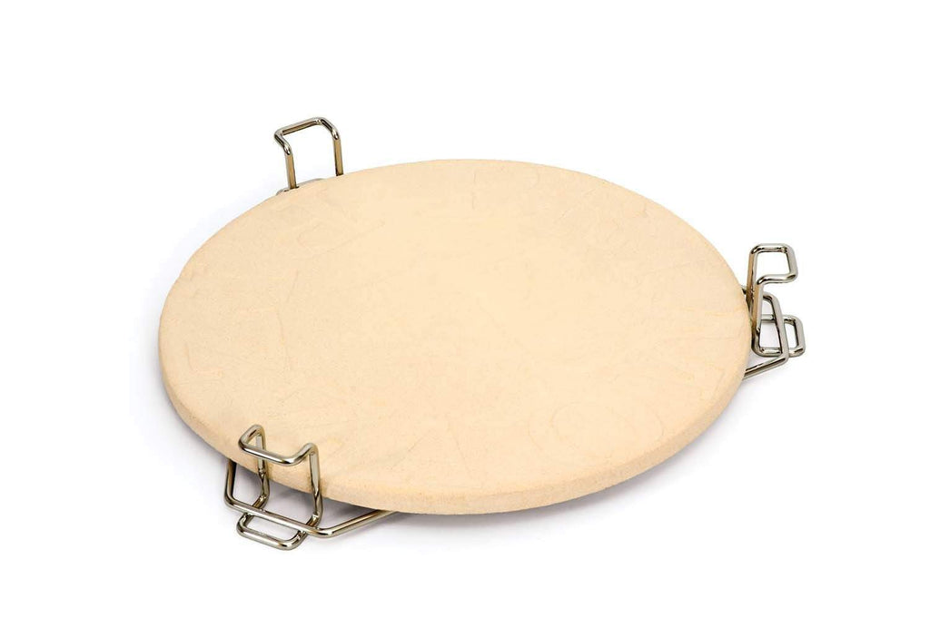 Ceramic heat deflector plate with metal rack for round kamado-style grills