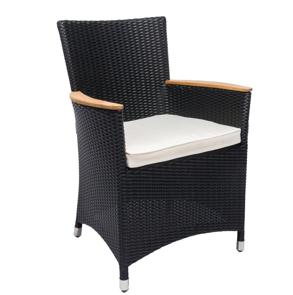 Black woven wicker armchair with white seat cushion and curved wooden armrest