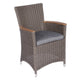 Gray woven wicker armchair with dark gray seat cushion and curved wooden armrest