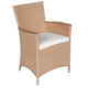Honey woven wicker armchair with white seat cushion and curved wooden armrest