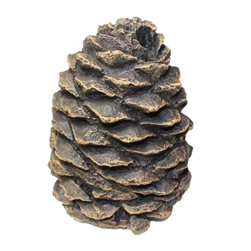 Large decorative pine cone, layered textured scales in dark brown and gray.